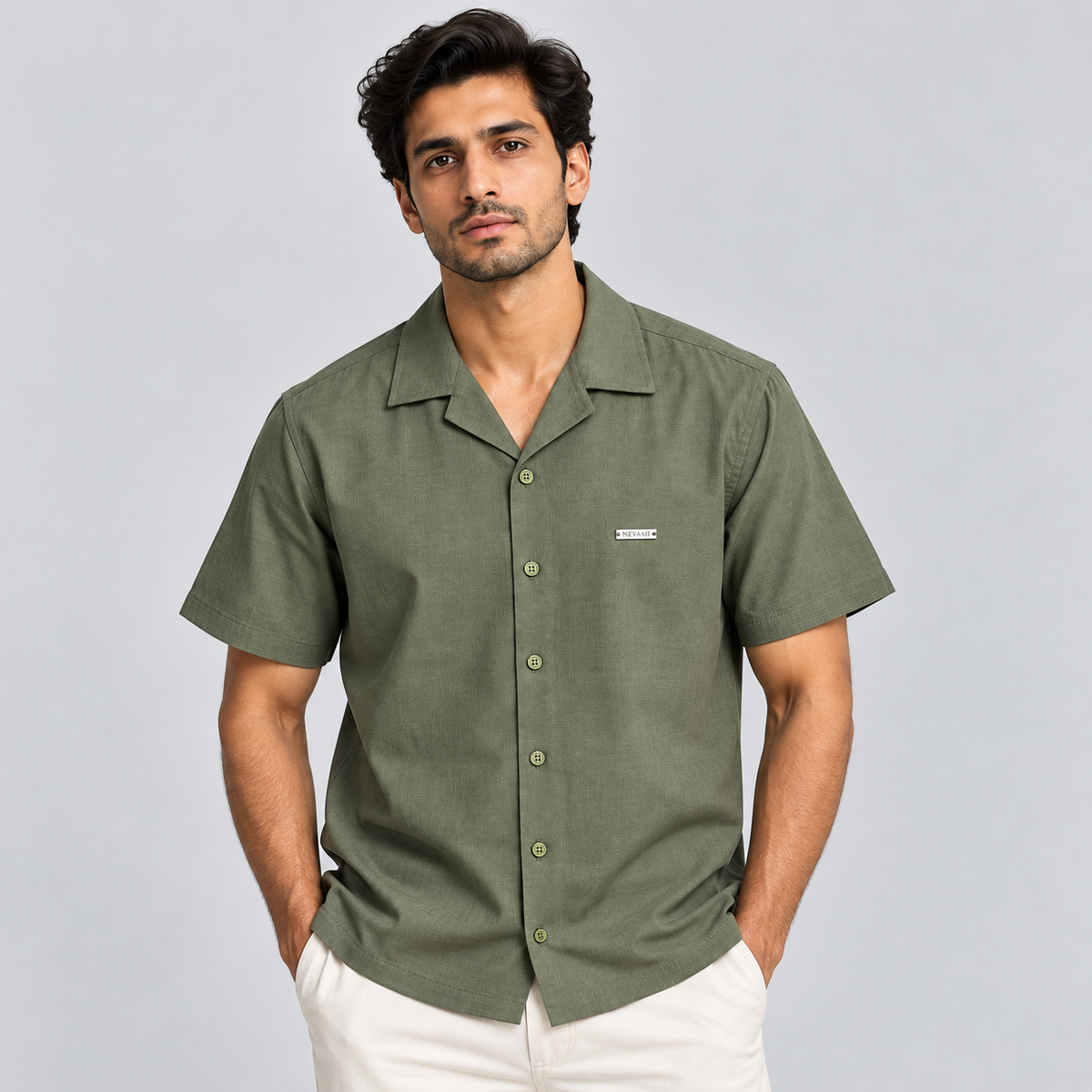 Olive Green Cuban Shirt for Men