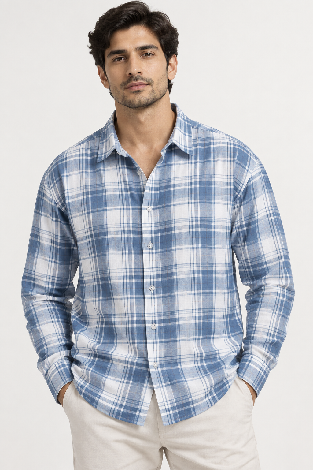Light Blue Cotton Plaid Shirt
